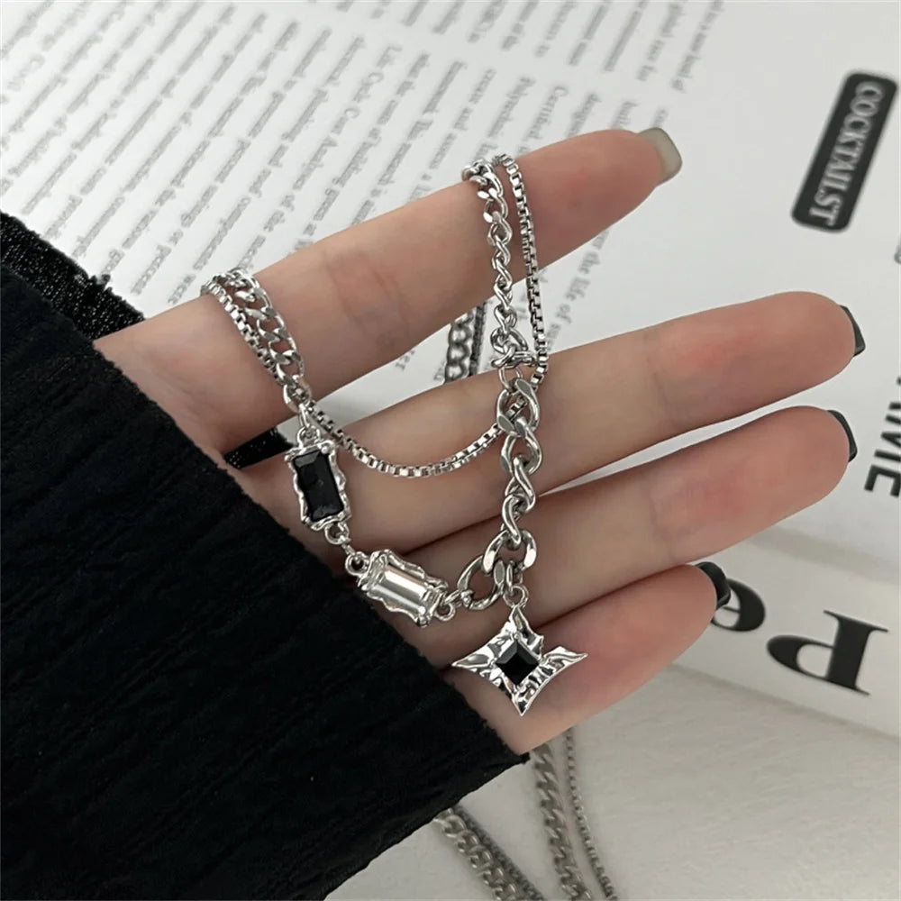 Hip Hop Zircon Star Double Layer Necklace For Men Women Trend Charm Titanium Steel Pendant Chain Unisex Jewelry Wholesale