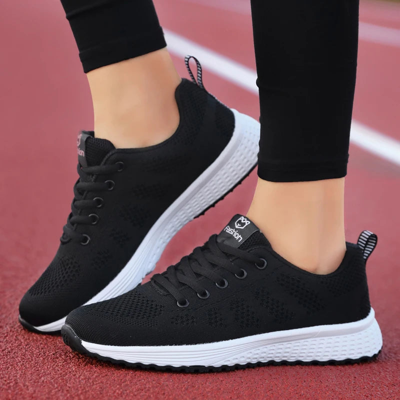 Women Casual Shoes Breathable Walking Mesh Lace Up Flat Shoes Sneakers Women Tenis Feminino Pink Black White - reetell