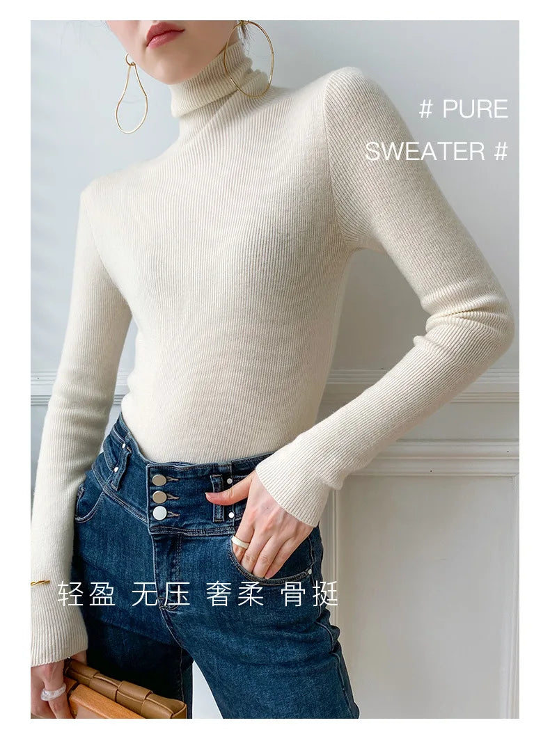 Women Sweater Winter Cashmere Turtleneck Warm Knitwear Korean Casual Solid Bottoming Shirt Fashion Knit Pullovers Brown Sweater - reetell