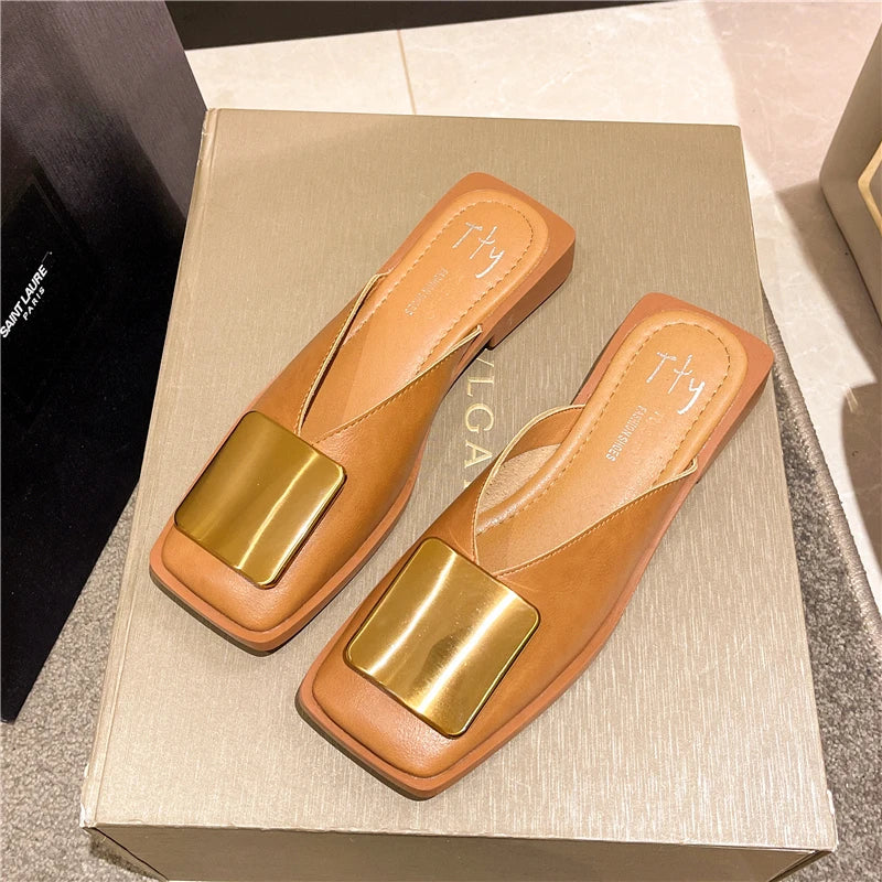 Brand Designer Women Slippers Fashion Metal Buckle Mules Flat Heels Square Toe Shallow Shoes Outdoor Slide Female Casual Sandal