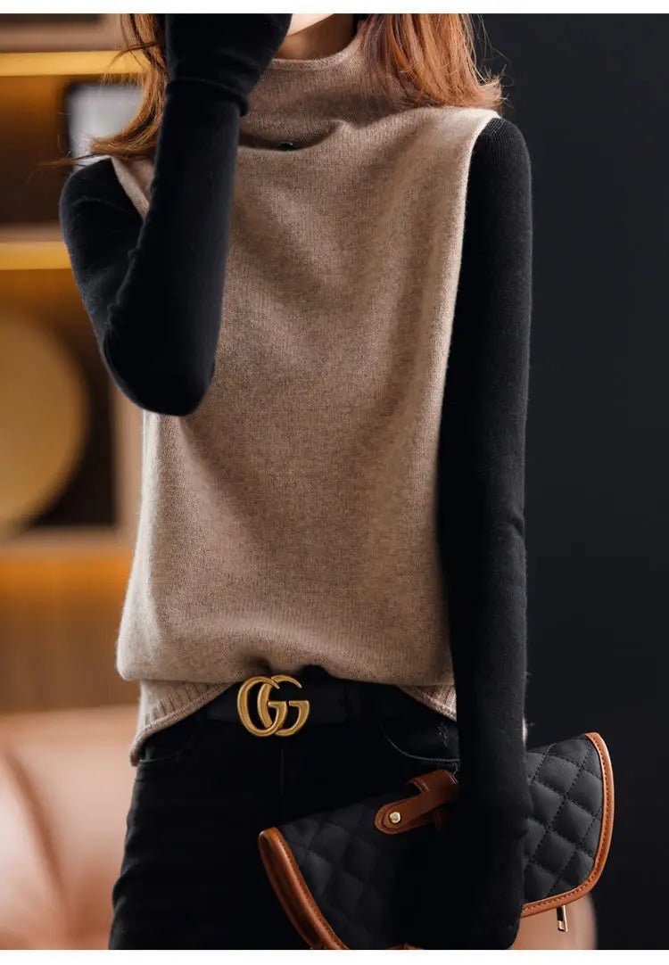 Fashion Women Vintage Turtleneck Sweater Vest Spring Autumn All-match Casual Streetwear Solid Loose Sleeveless Knitted Pullovers - reetell