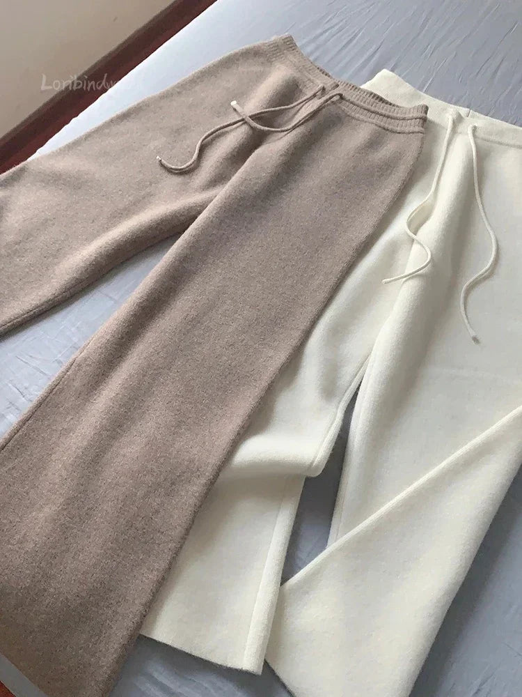 Autumn and Winter New High-waisted Loose Wool Knitted Wide-leg Trousers for Women To Wear Straight Leg Wide-leg Moped Trousers - reetell