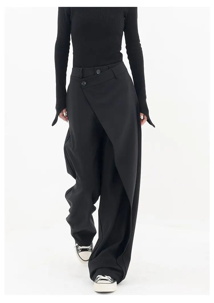 HOUZHOU Women Wide Suit Pants High Waist Gothic Japanese Style Baggy Black Trousers Irregular Straight Pants Casual Streetwear - reetell