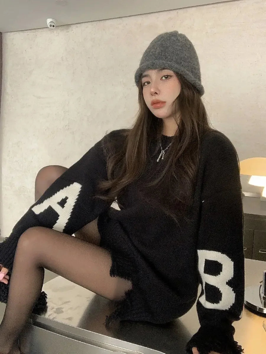 Letter Long Knitted Sweaters for Women Turtleneck Black Torn Female Pullover Clothes Sale All Cheap Harajuku Basic Youthful Top - reetell