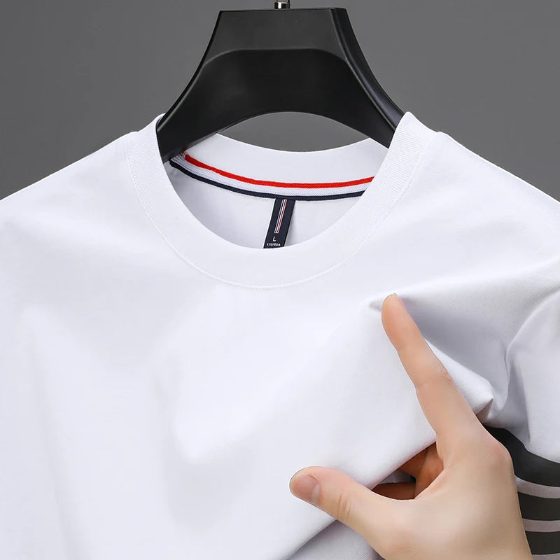 2024 New 100% Cotton T-shirt High end Brand Men Summer Fashion Korean Stripe Print Short Sleeve Hem Split Half Sleeve Men's Wear - reetell