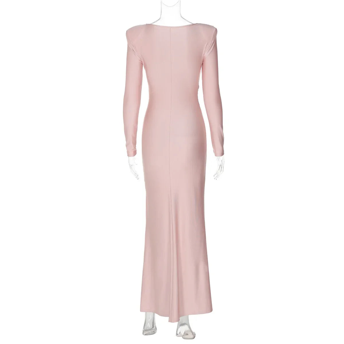 Elegant High Waist Folds Long Maxi Pink Dresses for Women 2024 Fall O-neck Long Sleeve Tunics Slim Solid Party Evening Dress - reetell