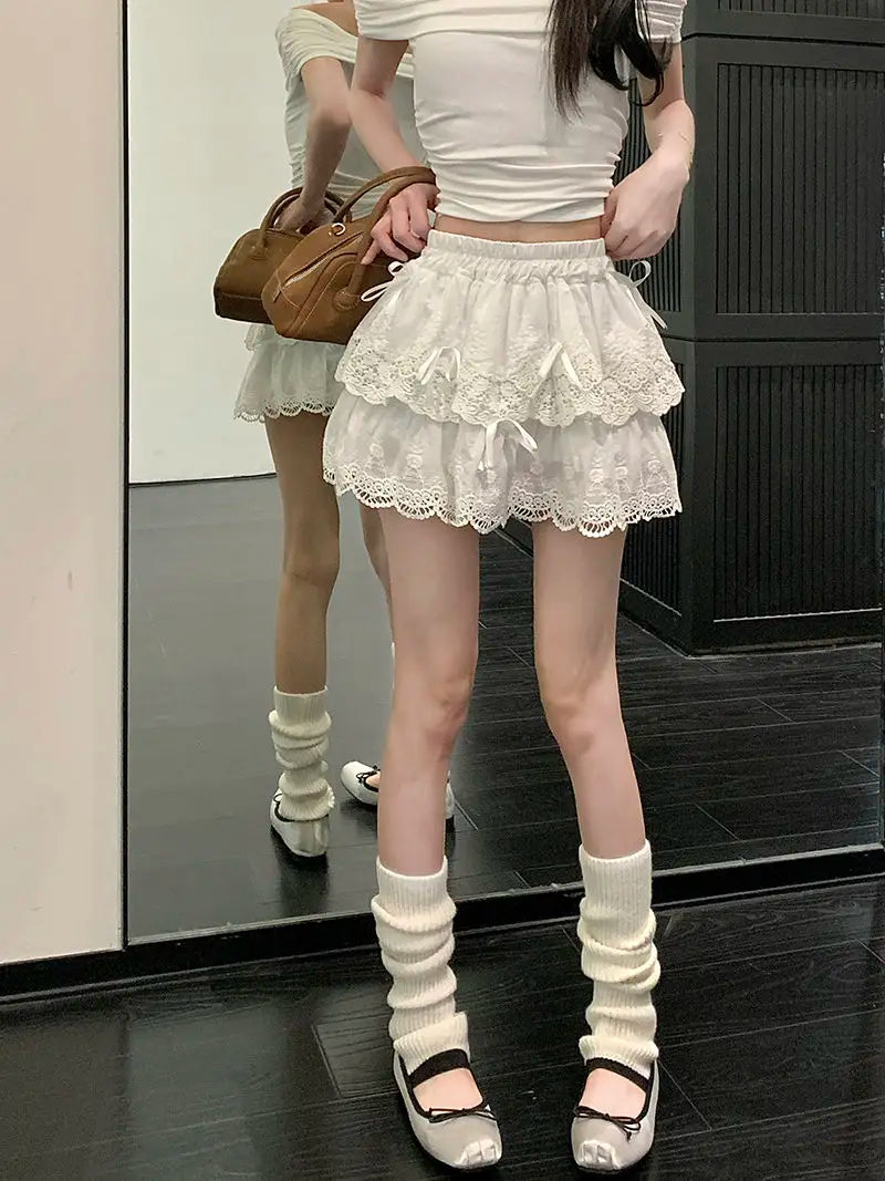 Deeptown Coquette White Lace Short Skirt Ruffle Women Sweet Bow Kawaii Mini Skirts Patchwork Layered A-line Aesthetics Skirt - reetell