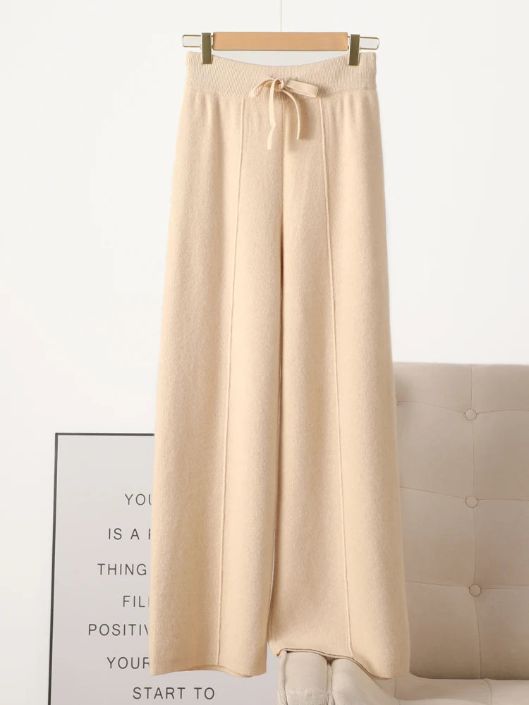 Women 100% Merino Wool Knitted Wide Leg Pants Autumn Winter Basic Soft Warm Cashmere Knit Trousers Casual Simple Style Korean - reetell