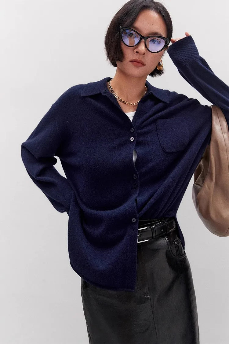 Europe station loose mid-length POLO collar 100% cashmere knit cardigan women's spring and autumn large size lapel sweater - reetell