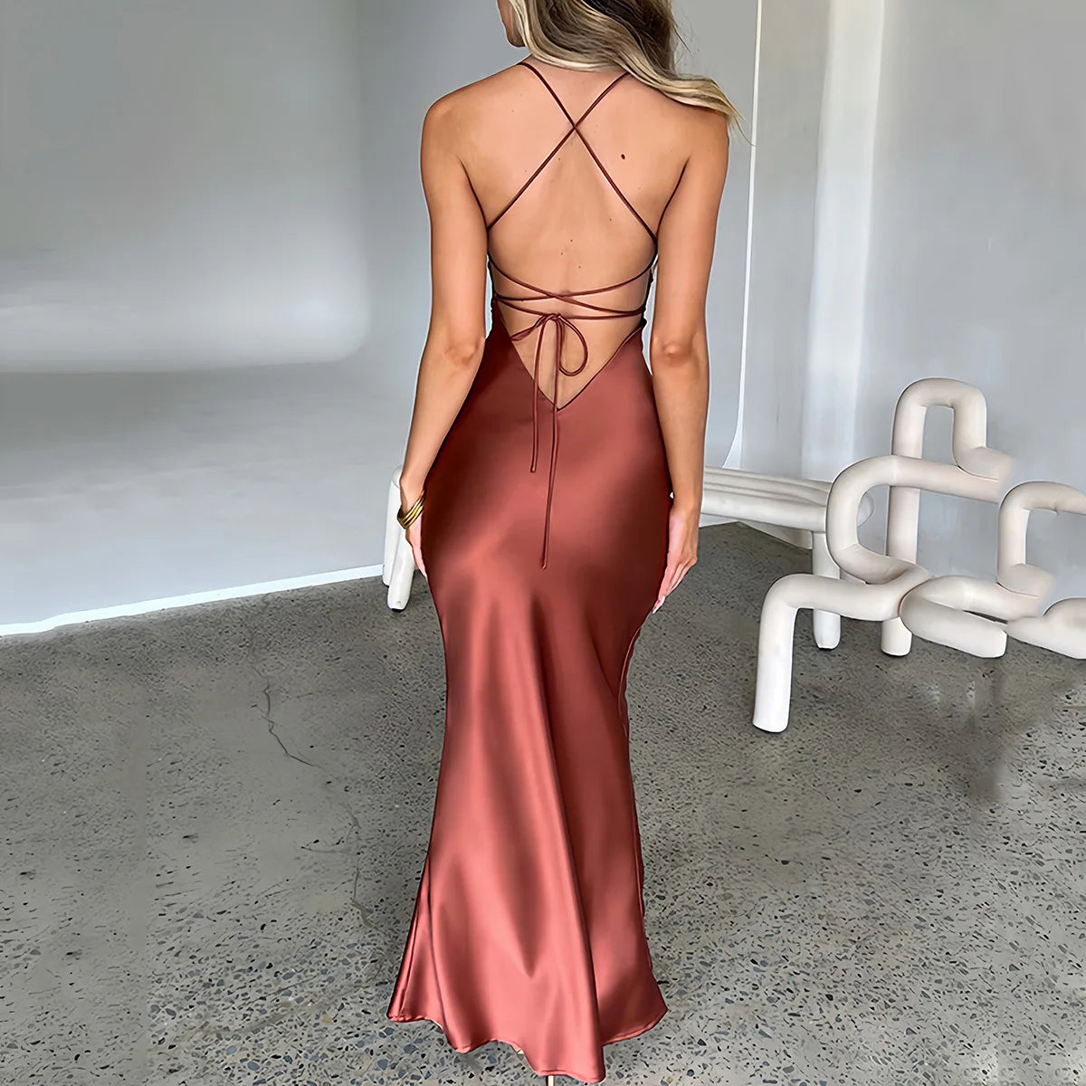 Summer Long Dress Women Evening Dresses Fashion Sexy Club Party Dresses Suspender Satin Dress Backless Strappy Waist Long Skirt - reetell