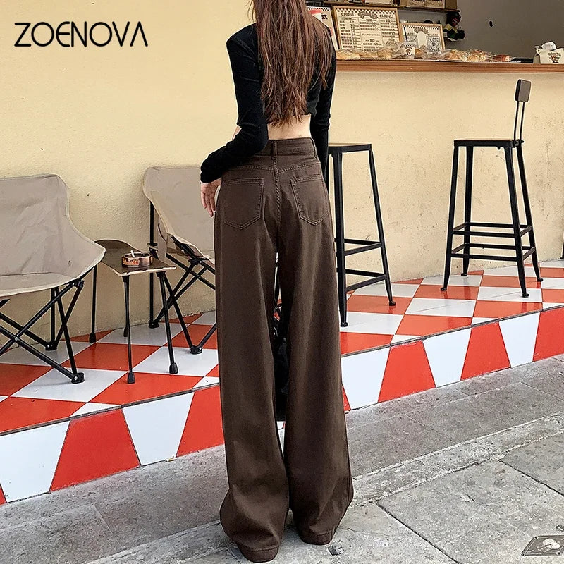 ZOENOVA Spring Autumn Korean New Fashion Dark Brown Women's Jeans Street Casual Wide Leg Pants Loose Straight Versatile Trousers - reetell