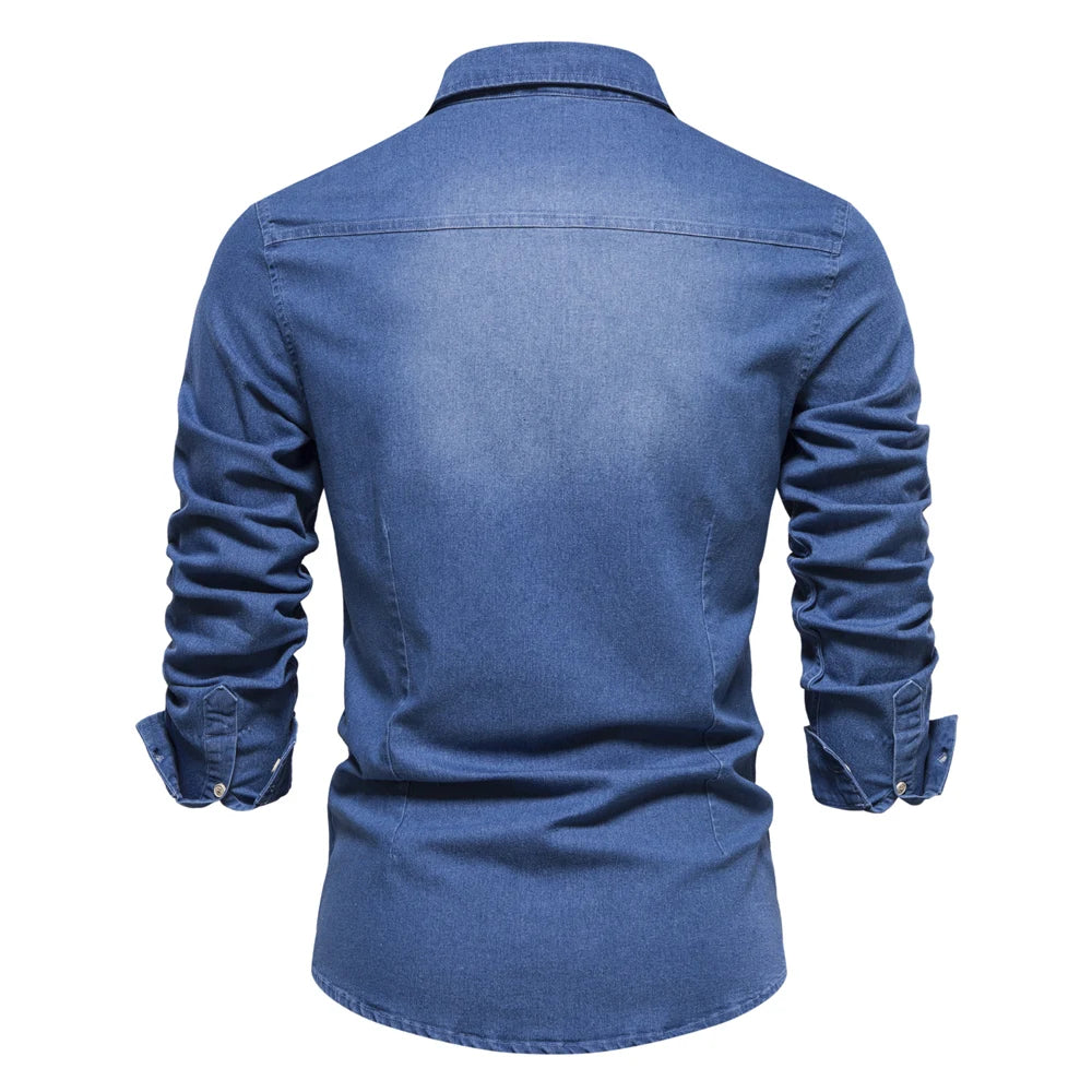 AIOPESON Brand Elastic Cotton Denim Shirt Men Long Sleeve Quality Cowboy Shirts for Men Casual Slim Fit Mens Designer Clothing