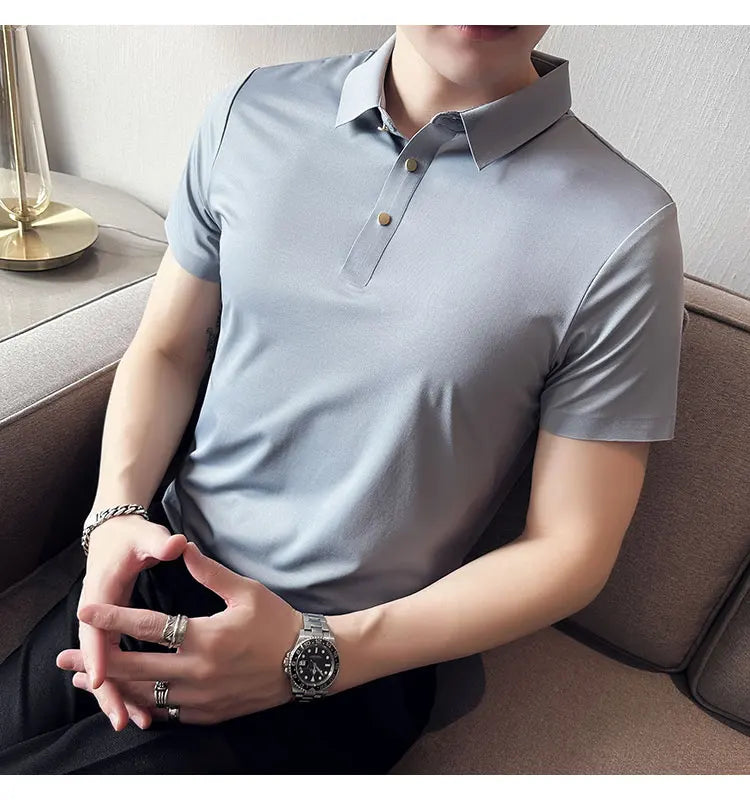 Ice Silk Traceless T-shirt Men's  Business Casual Solid Color Half Sleeve High Elasticity Top Silk Smooth Breathable POLO Shirt