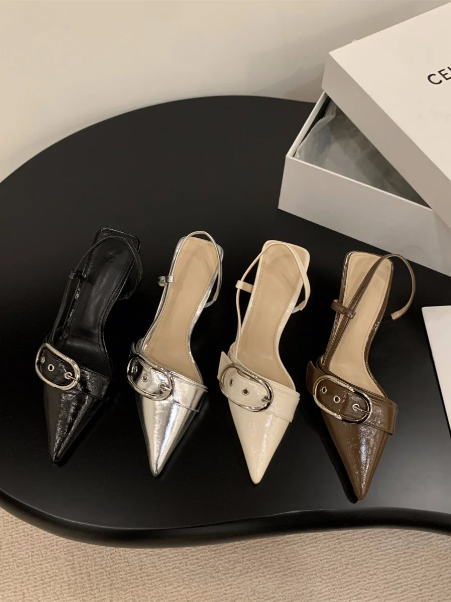 Punk Goth Metal Buckle High Heels Sandals Women 2024 Summer Pointed Toe Silver Party Shoes Woman Korean Style Thin Heels Sandals