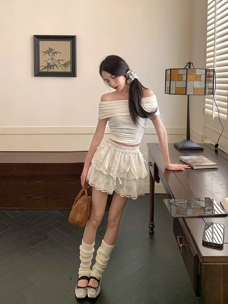 Deeptown Coquette White Lace Short Skirt Ruffle Women Sweet Bow Kawaii Mini Skirts Patchwork Layered A-line Aesthetics Skirt - reetell