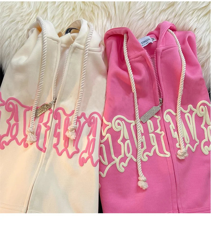 Hiphop Letter Embroidery Sweatshirt Women Autumn Harajuku Zip Up Casual Loose Hoodie Retro Long Sleeve Hooded Jacket Y2K Clothes - reetell