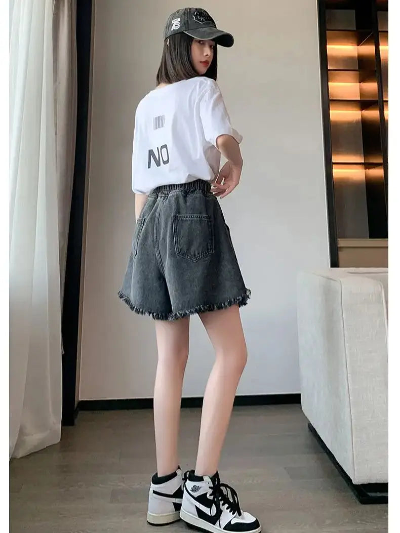 Big Size Denim Shorts Summer Thin Section Wide Leg Wide Loose Tight High Waist Female Students Fattening Women Tassel Wide - reetell