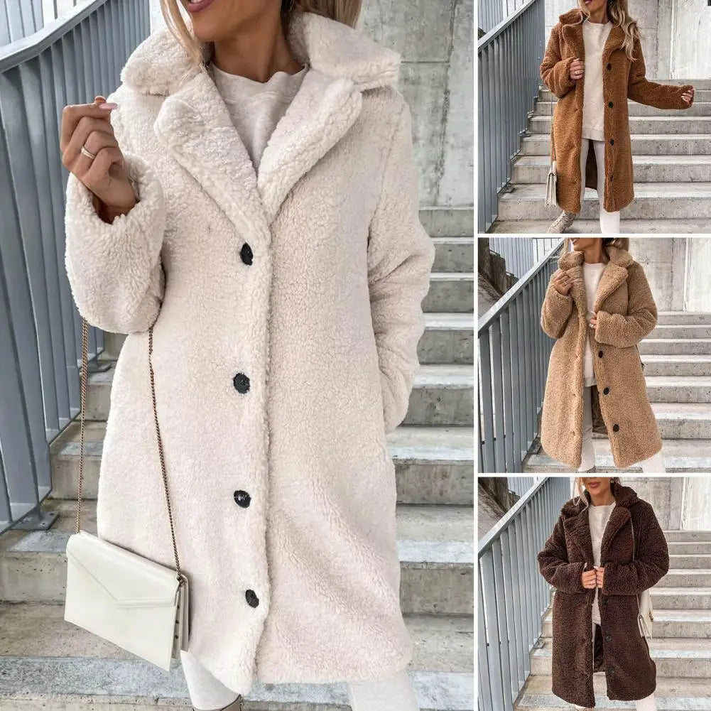 Trendy Women Overcoat Autumn Winter Women Trench Coat Long Style Pure Color Single-breasted Teddy Jacket  Windproof - reetell