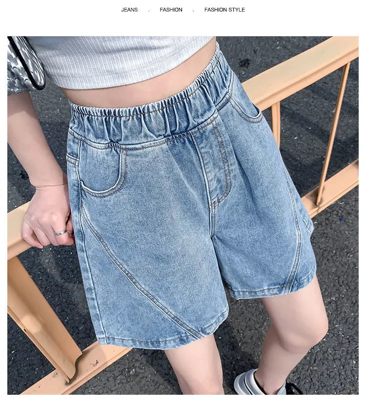 Big Size Denim Shorts Quarter Trousers A Wide Leg Loose High Waist Skinny Students Fattening Women Pocket Splicing Stripe - reetell