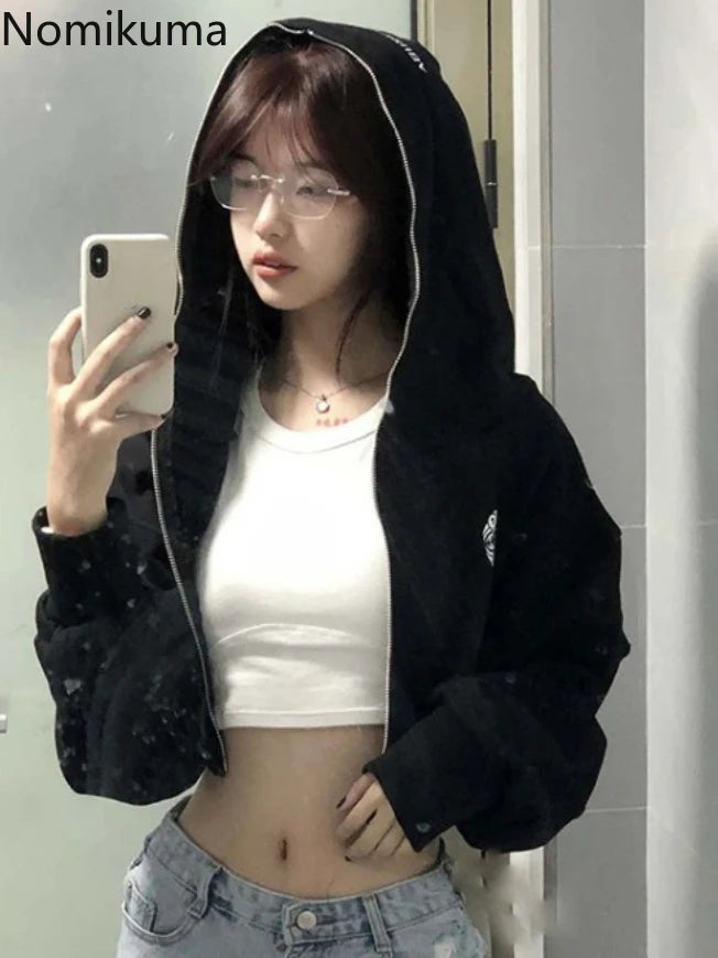 Streetwear Hoodies Women Harajuku Casual Hooded Zipper Jackets Crop Tops 2023 Ropa Mujer Casual Korean Fashion Y2k Sweatshirt - reetell