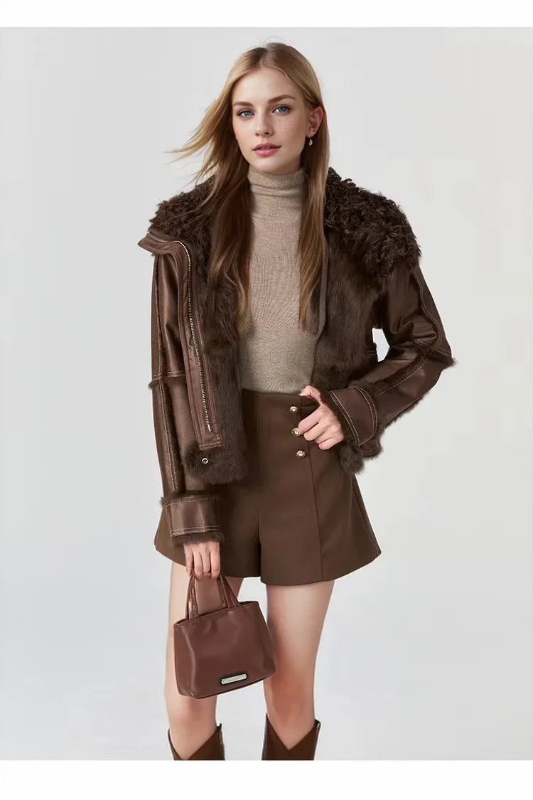 2024 Winter Short Style Fur Women Sheepskin Jacket Tanned Suede Luxury With 100%Natural Rabbit Lining Luxury Fashion Fur Coat - reetell