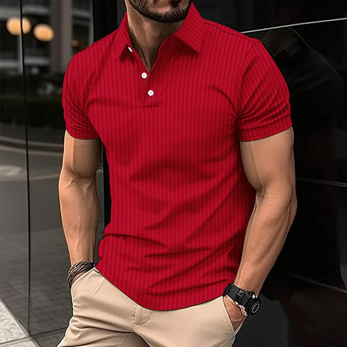 Summer men's polo shirt solid color button short sleeve striped lapel T-shirt casual breathable top men's wear Color Black S-3XL