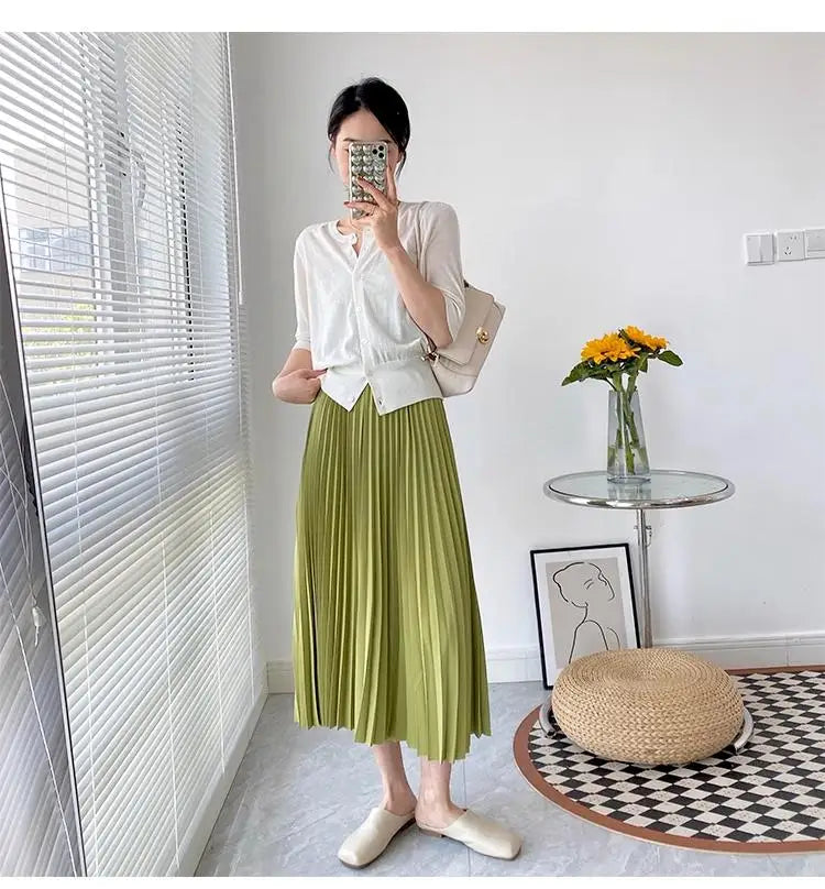 2023 Women Elegant Pleated Skirt High Waist Women Mid-long Skirt Female Ladies High Quality Women Midi Skirt Black Saia - reetell