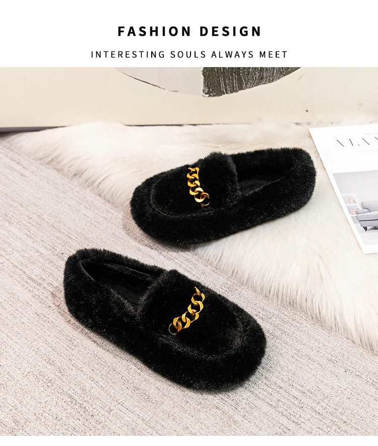 2023 winter women's outdoor plush warm shoes british style metal chain decoration snow boots boat shoes Ladies' casual flats - reetell