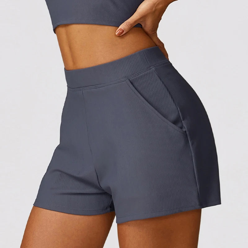 Ribbing Yoga Shorts Casual Sports Shorts Women Pockets Gym Running Pants Women Workout Loose-fitting Shorts Female Yoga Clothing - reetell