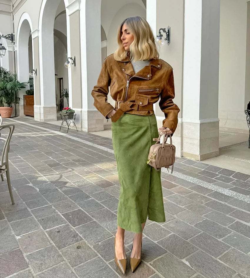 Fashion High Waisted Suede Straight Leg Skirt Women Spring Autumn Green Elegant Split Ziped Slim Mid Length Skirts Female New - reetell