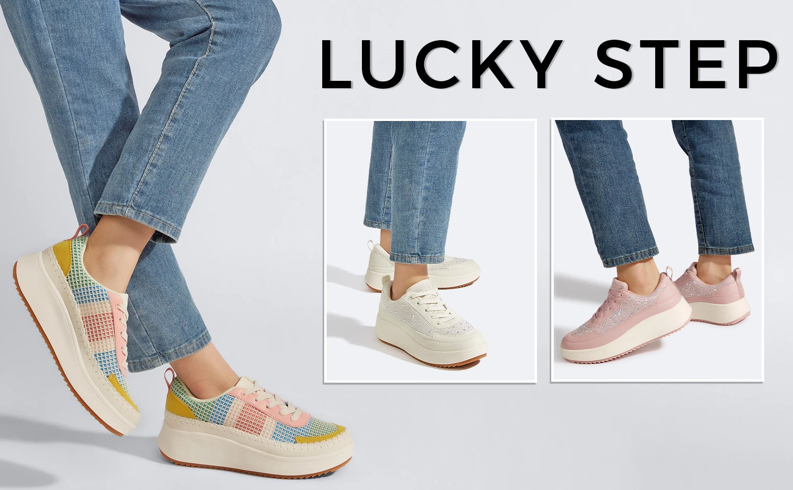 LUCKY STEP Women's Platform Sneakers Rhinestone Fashion Chunky Casual Sparkly Retro Braided Walking Shoes