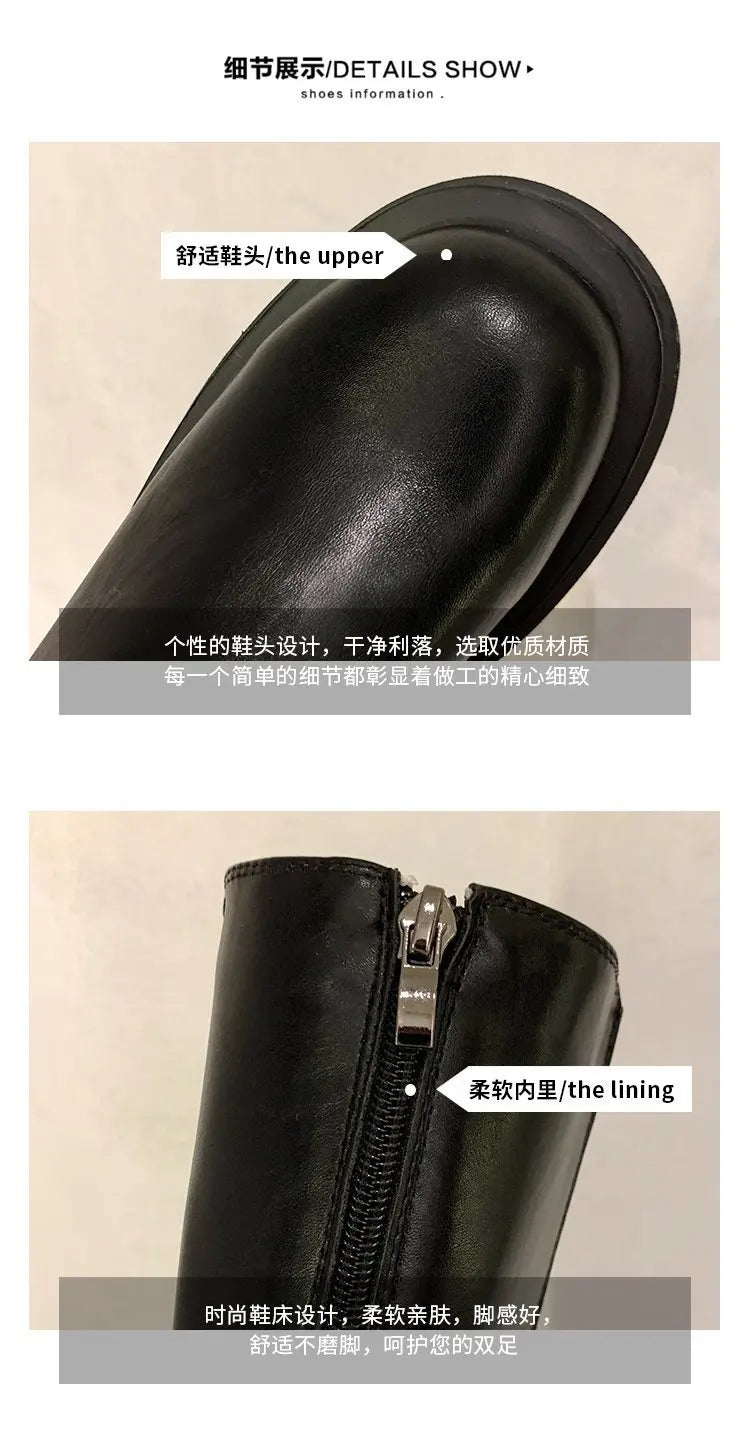 Fashion Woman's Platform Zipper Spring Autumn PU Leather Non-slip Knee High Luxury Designer Casual Women Chunky Long Black Boots