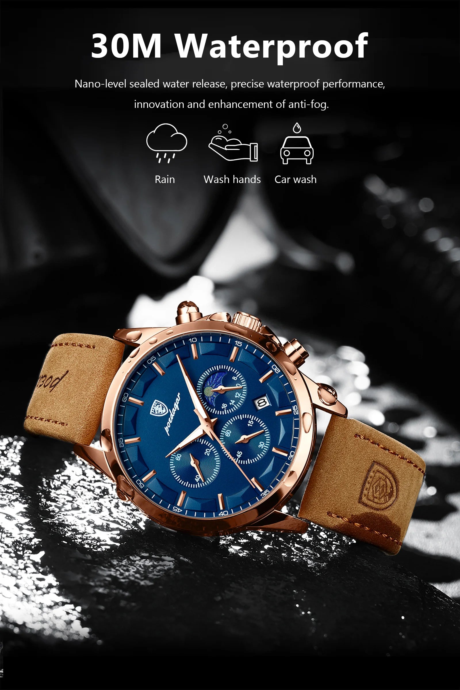 POEDAGAR Men Quartz Watch Luxury Sports Waterproof Chronograph Luminous Date Man Wristwatch Business Leather Men's Watches Clock