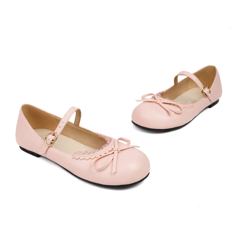 Spring Autumn Pink White Mary Janes Flat Shoes Woman Round Toe Buckle Strap Lolita Girls Student Ballet Flats Plus Size 43 44 45 - reetell