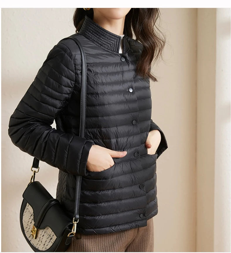 Women's fashionable Puffer Jacket  in women Autumn Lightweight Thin Short Down Jacket Standing Collar Coat