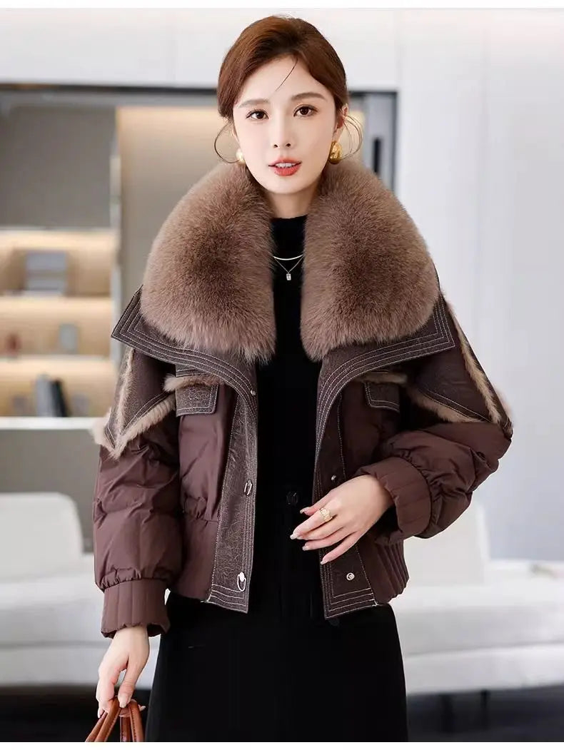 Women's Winter Down Jacket Sheepskin Fabric Fur V-Neck Rabbit Fur Lining Fur Coat Women Warm And Fashionable Jacket - reetell