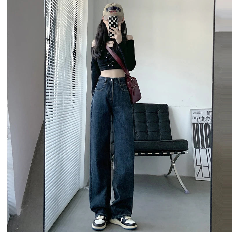 ZOENOVA High Waisted Jeans Y2K Fashion Women Clothing Blue Black Straight Leg Denim Pants Trousers Mom Jean Baggy Trousers Tall - reetell