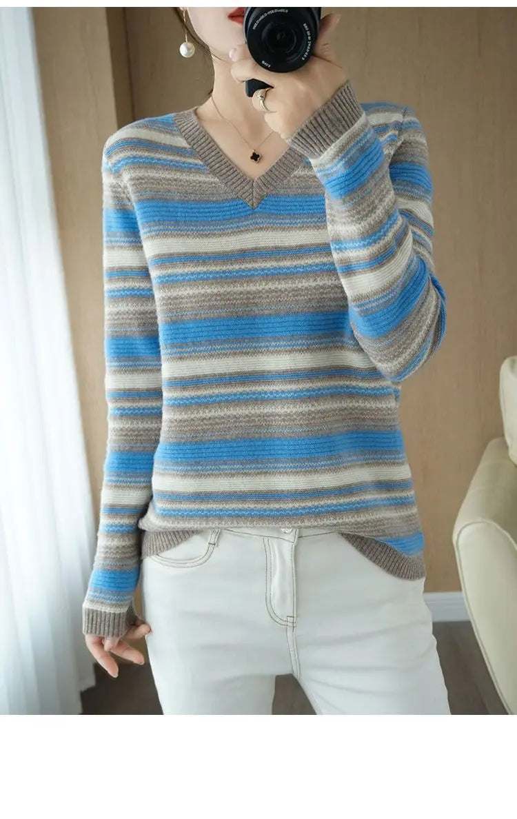 Autumn Winter Elegant Fashion Rainbow Knitting Tops Women All Match Casual Knitwear Long Sleeve Stripe Sweaters Thick Pullover - reetell