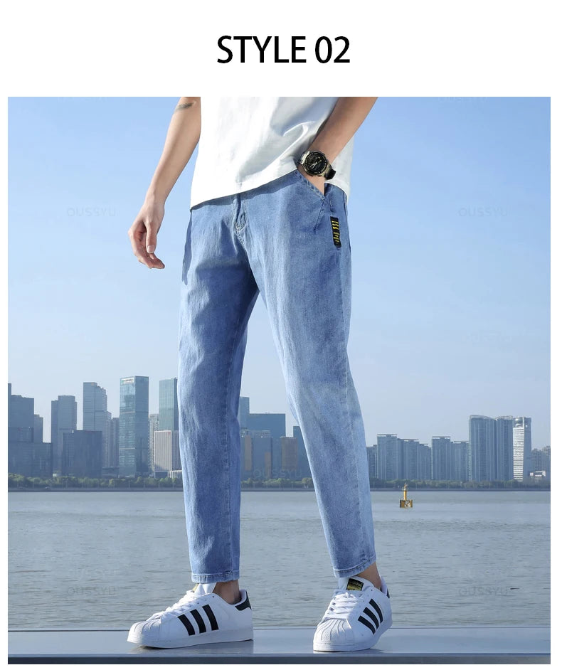 2024 New Men's Stretch Ankle Length Jeans Light blue Fashion Casual Cotton Slim Fit Denim Pants Korean Trousers Male Brand Cloth - reetell