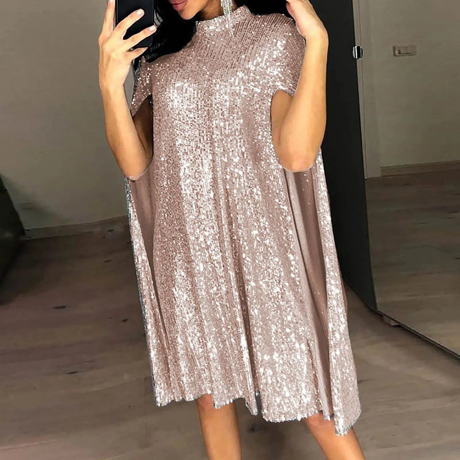 Sequin Party Dresses For Women 2024 Golden Elegant Cloak Sleeve Patchwork Loose Evening Dress Silver Sexy Club Vestidos Female - reetell