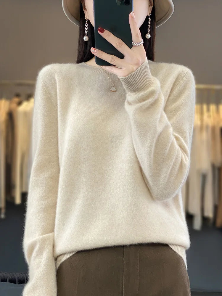 100% Merino Wool Sweater Women  Cashmere Pullover Knitwear Autumn Winter O-neck Solid Color Fashion Basic Female Clothes Tops - reetell