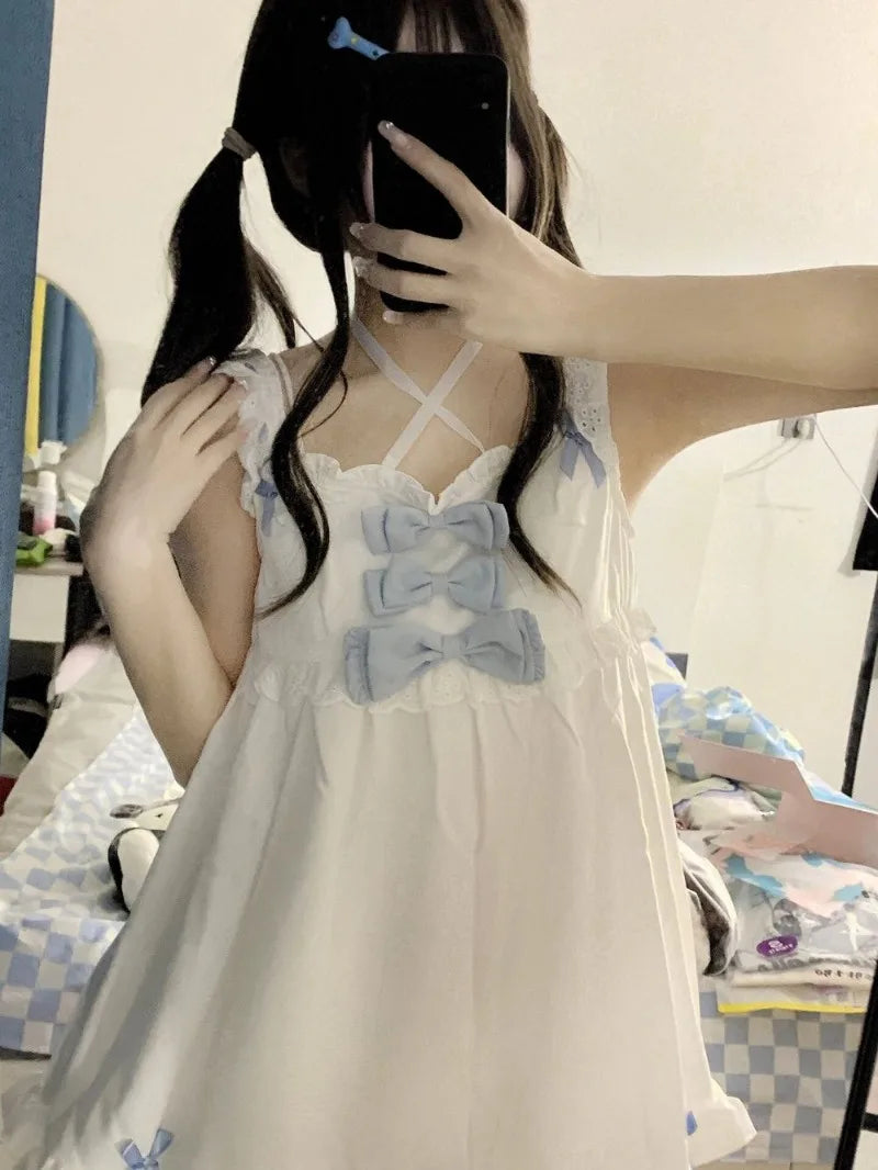 Japanese Soft Girl Strappy Bow Sling Top Shorts Two Piece Set Cotton Pajamas Women's Lolita Sleepwear 2024 New Summer