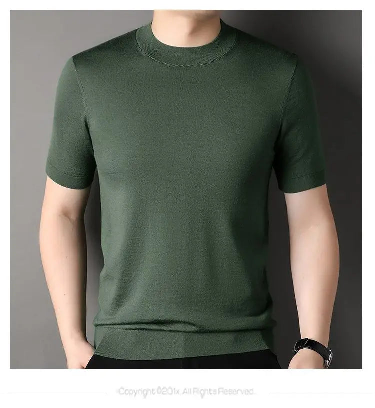 Worsted Mercerized Men Summer Short Sleeves T-shirt Versatile Fashion Male Clothing Half Turtleneck Casual Basic Knitted Tops - reetell