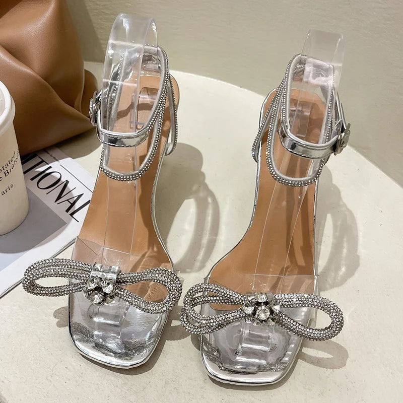 Rimocy High Heels Silver Crystal Sandals Women Stiletto Heeled Ankle Strap Gladiator Shoes Woman Summer 2022 Pvc Sandalias Mujer