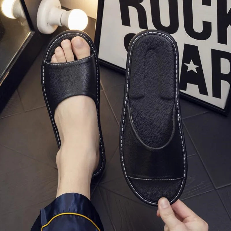 Genuine Leather Slippers Homes in indoor slipper summer open toe sandals men women elderly casual Slides shoes