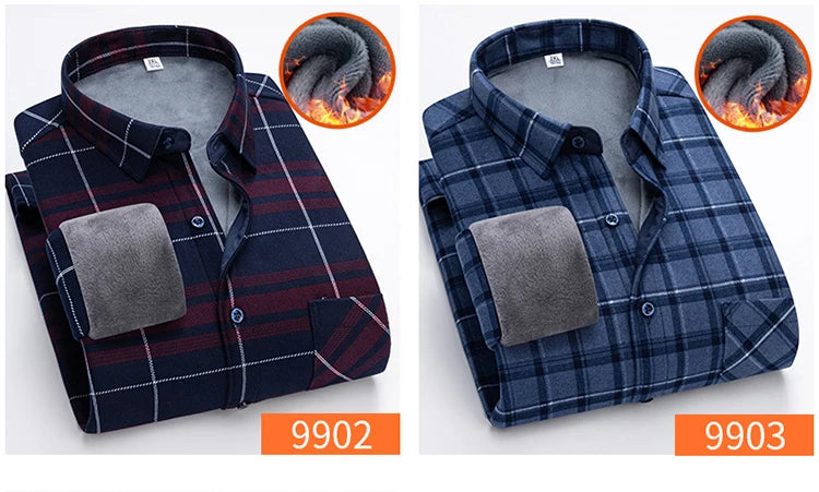 Autumn Winter Thicken Fleece Shirt Men Business Plaid Shirt Long Sleeve Warm Clothes Turn Down Collar Button Up Shirts Classic - reetell