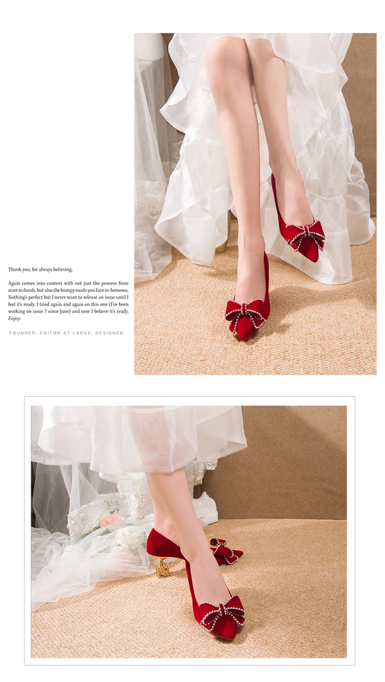 Autumn New Ladies High Heels Pointed Toe Shaped Heel High 5cm and 7cm Wedding Shoes Square Buckle Travel Banquet Shoe High Heels