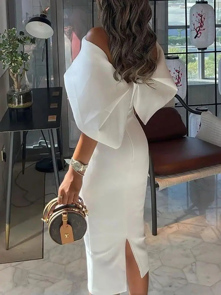 Elegant White Dress Women Summer Off Shoulder Cape Design Splicing Skinny Dress Party Vestidos Woman Evening Party Dresses White - reetell