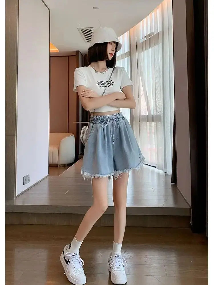 Big Size Denim Shorts Summer Thin Section Wide Leg Wide Loose Tight High Waist Female Students Fattening Women Tassel Wide - reetell