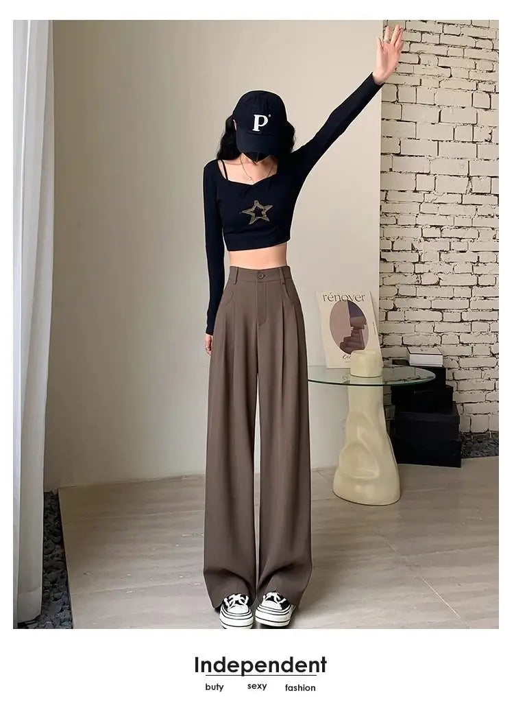 Fashion High Waist Wide Leg Pants Women Spring Fall Baggy Black Trouser Office Ladies Full Length Straight Suit Pant Outwear New - reetell